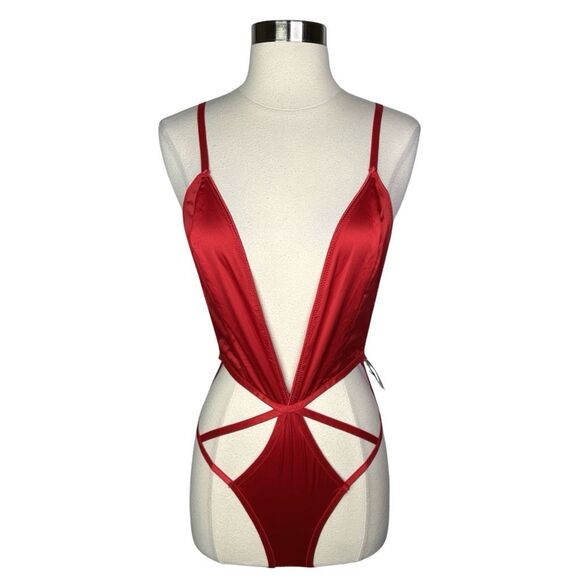 Yandy Collection Red Satin Deep Plunge Teddy - Size Small/Medium - Picture 2 of 8